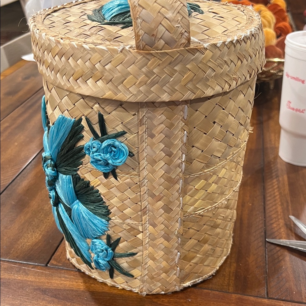 Vintage Woven Basket Purse Raffia with Blue and Green Accents - Picture 7 of 7